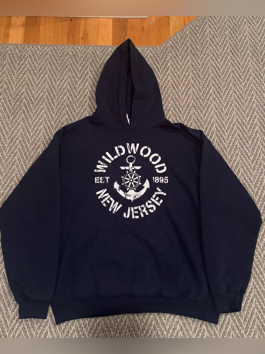 Wildwood Crest New Jersey Navy Blue Hoodie With Distressed White Nautical Print